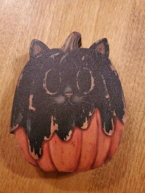 Vintage Halloween Decor Retro Wooden Block for Shelf Pumpkin Black Cat 4"